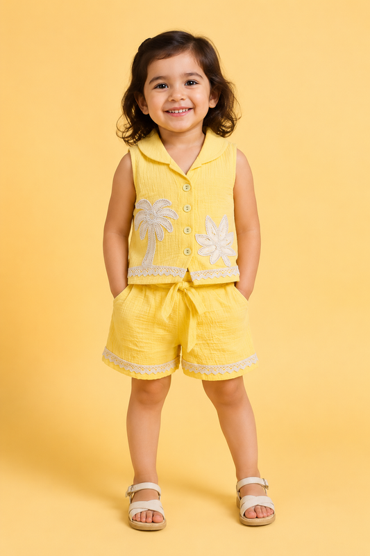 Sunny Bloom Co-ord Set for Girls | Soft Cotton Summer Outfit with Embroidered Vest & Shorts