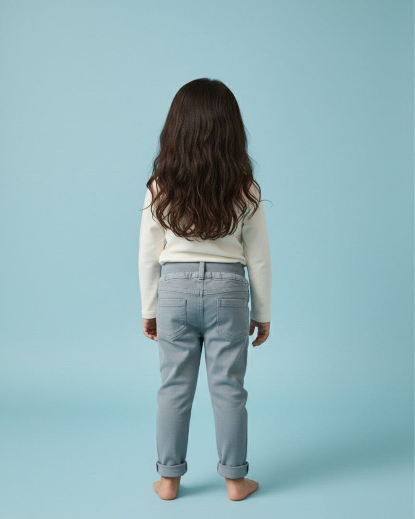 Person wearing a light-colored sweater and gray pants against a light blue background