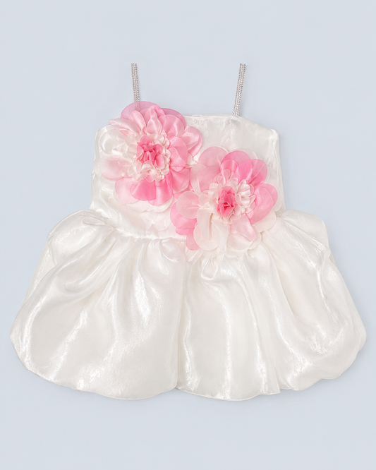 Petal Royale Bloom — Premium White Floral Satin Party Dress for Girls