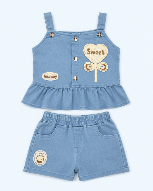 Girls Sweet Bow Denim Top & Shorts Co-ord Set