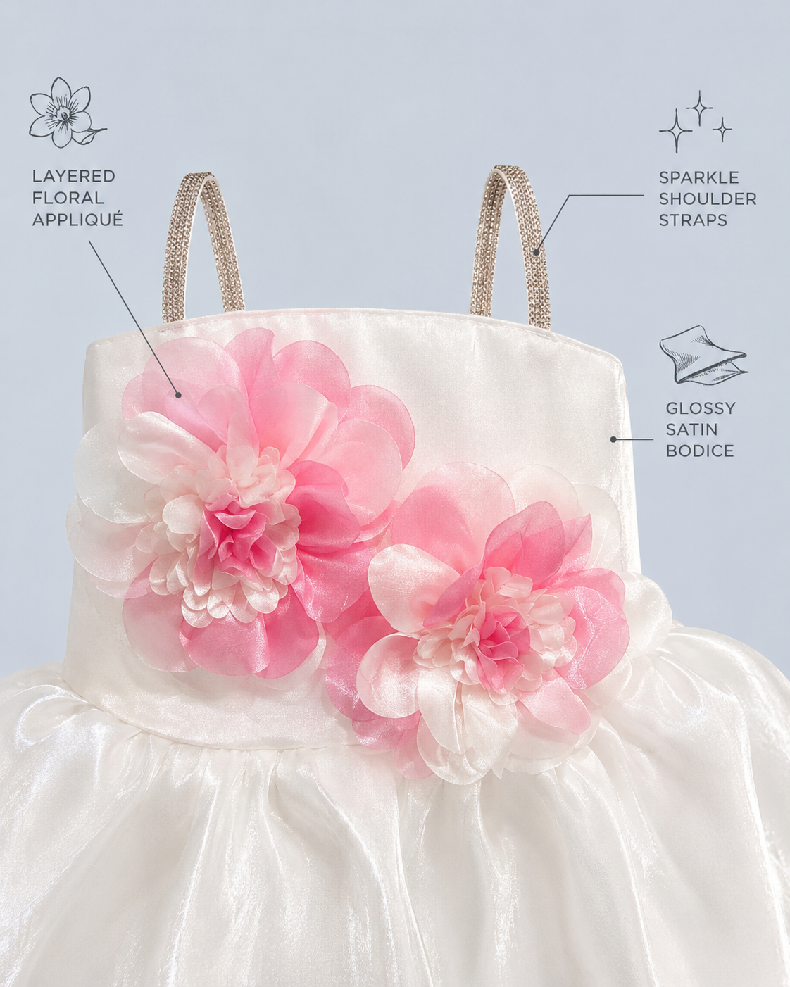 Petal Royale Bloom — Premium White Floral Satin Party Dress for Girls