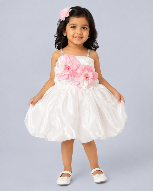 Petal Royale Bloom — Premium White Floral Satin Party Dress for Girls