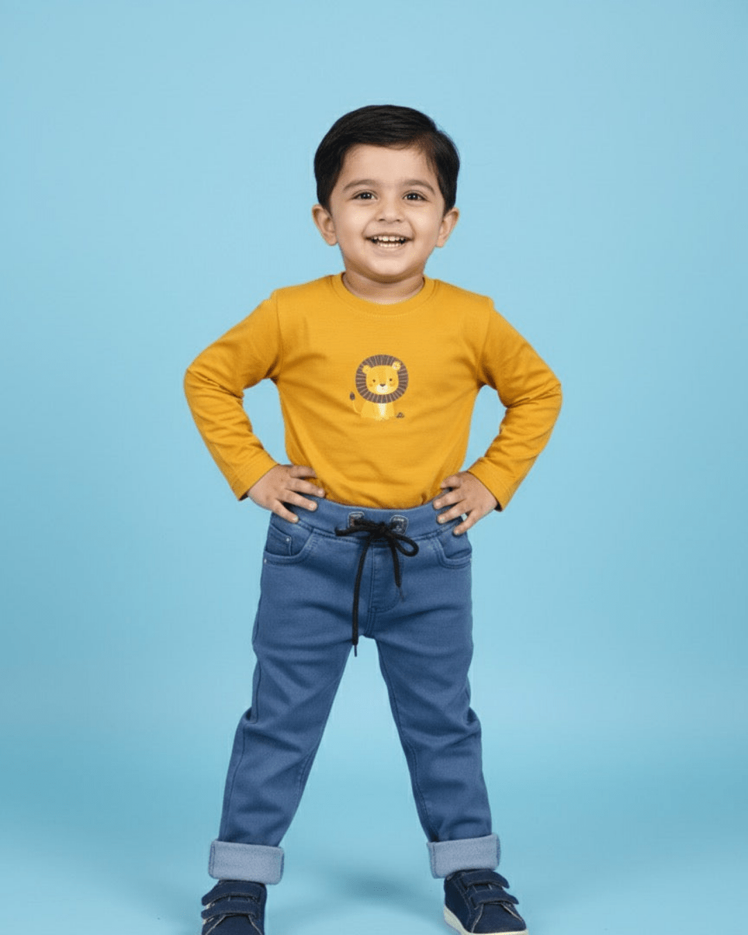 Child wearing a yellow shirt with a lion design and blue jeans on a light blue background