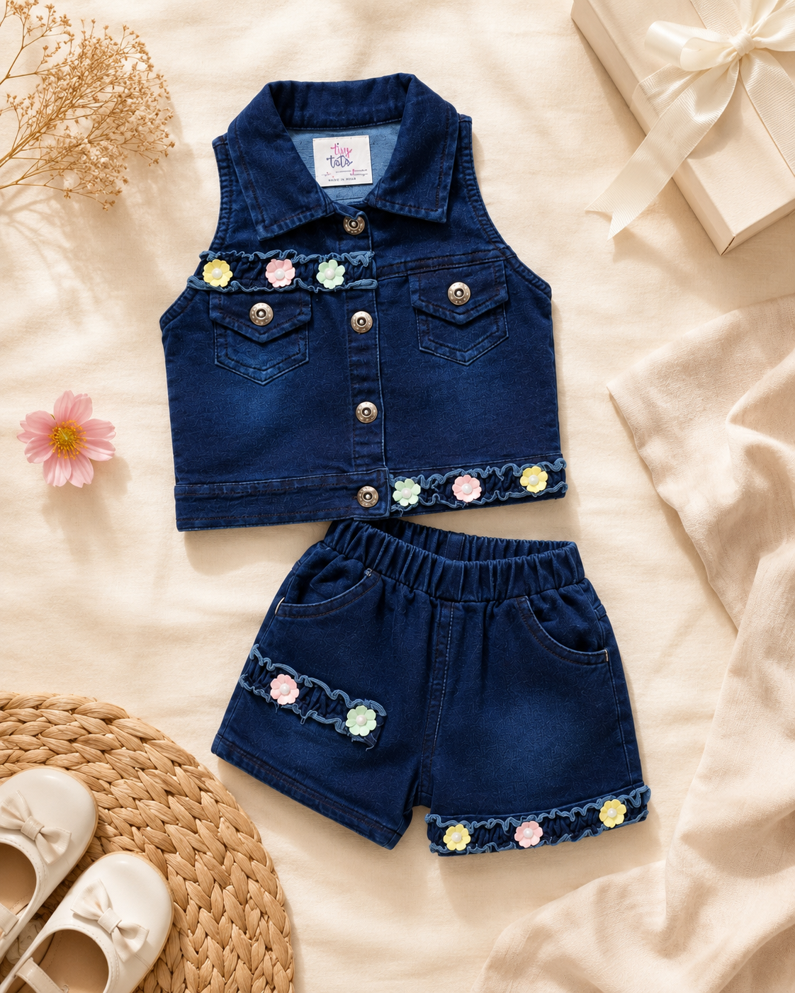 Tiny Bloom Denim Co-ord Set for Girls | Floral Appliqué Sleeveless Jacket & Shorts | 6 Months–3 Years