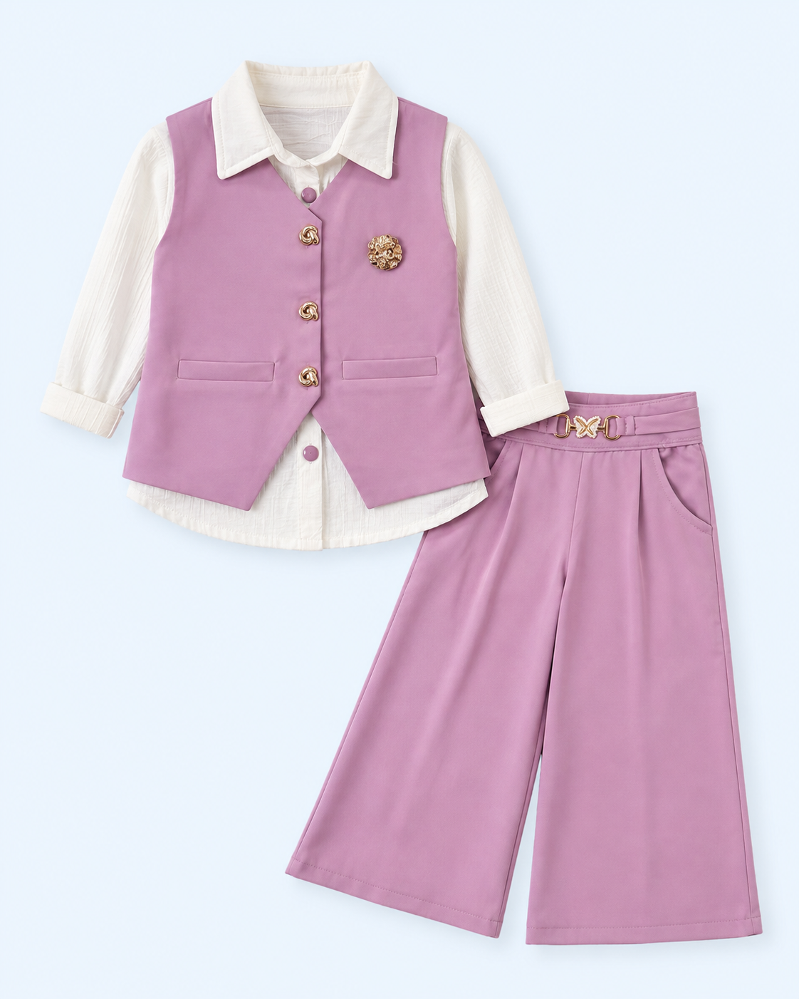 Lavender Girls 3-Piece Vest Shirt & Wide-Leg Palazzo Set