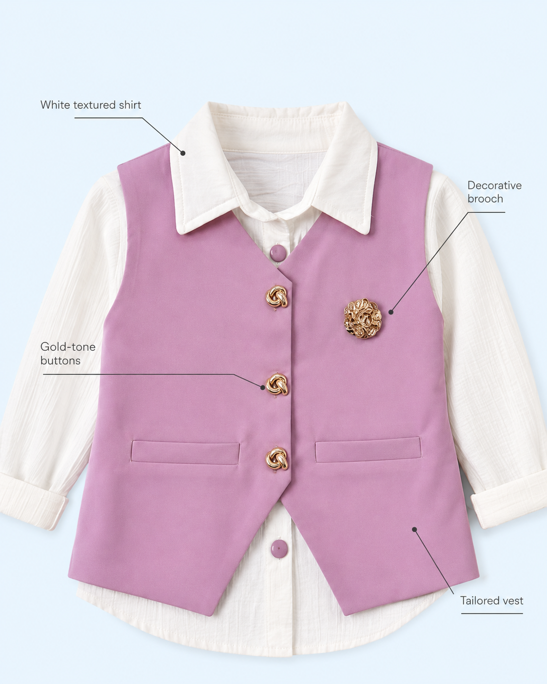 Lavender Girls 3-Piece Vest Shirt & Wide-Leg Palazzo Set
