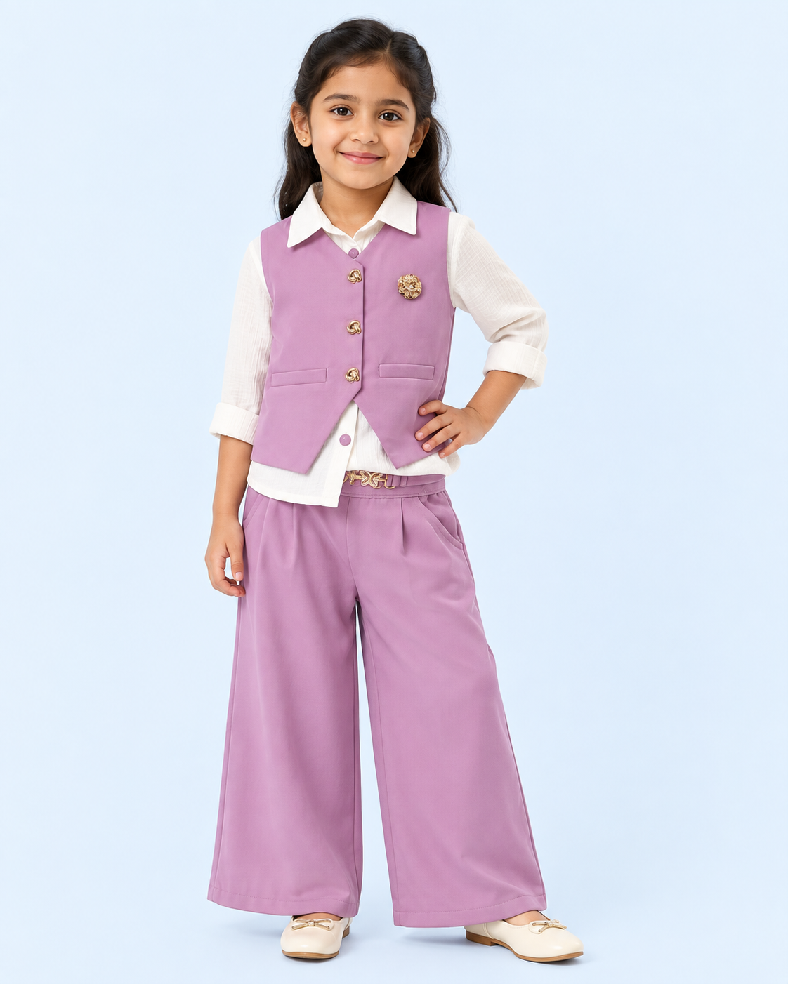 Lavender Girls 3-Piece Vest Shirt & Wide-Leg Palazzo Set