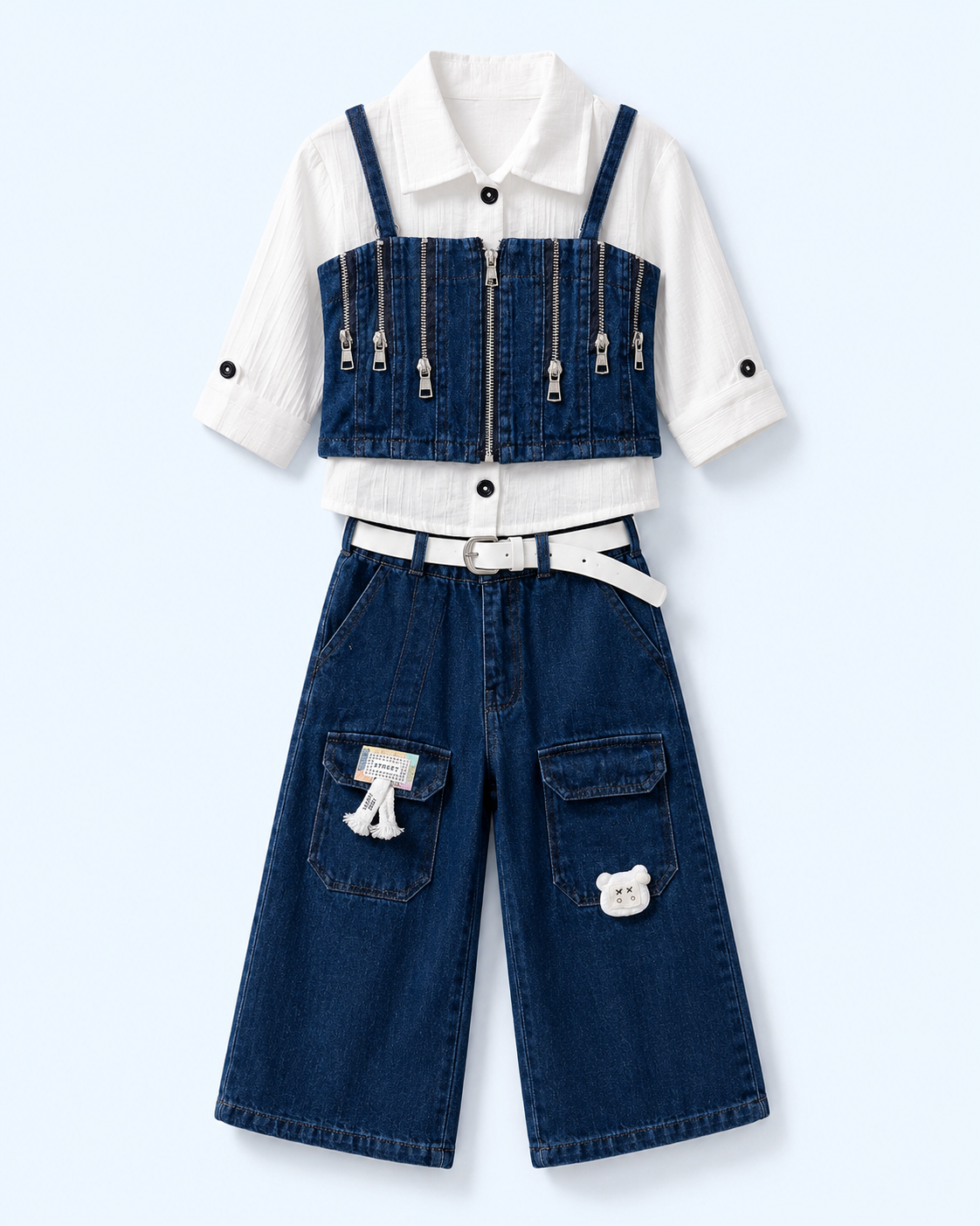 Girls Indigo Denim Zip Crop Top, Shirt & Wide-Leg Cargo Jeans 3-Piece Set
