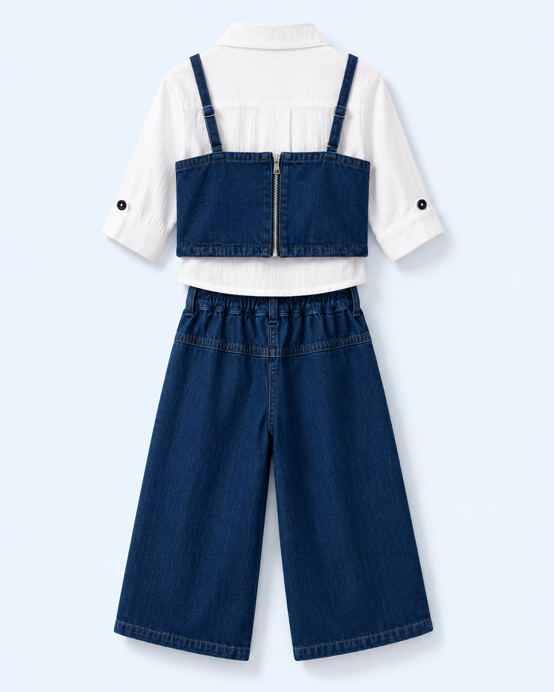 Girls Indigo Denim Zip Crop Top, Shirt & Wide-Leg Cargo Jeans 3-Piece Set