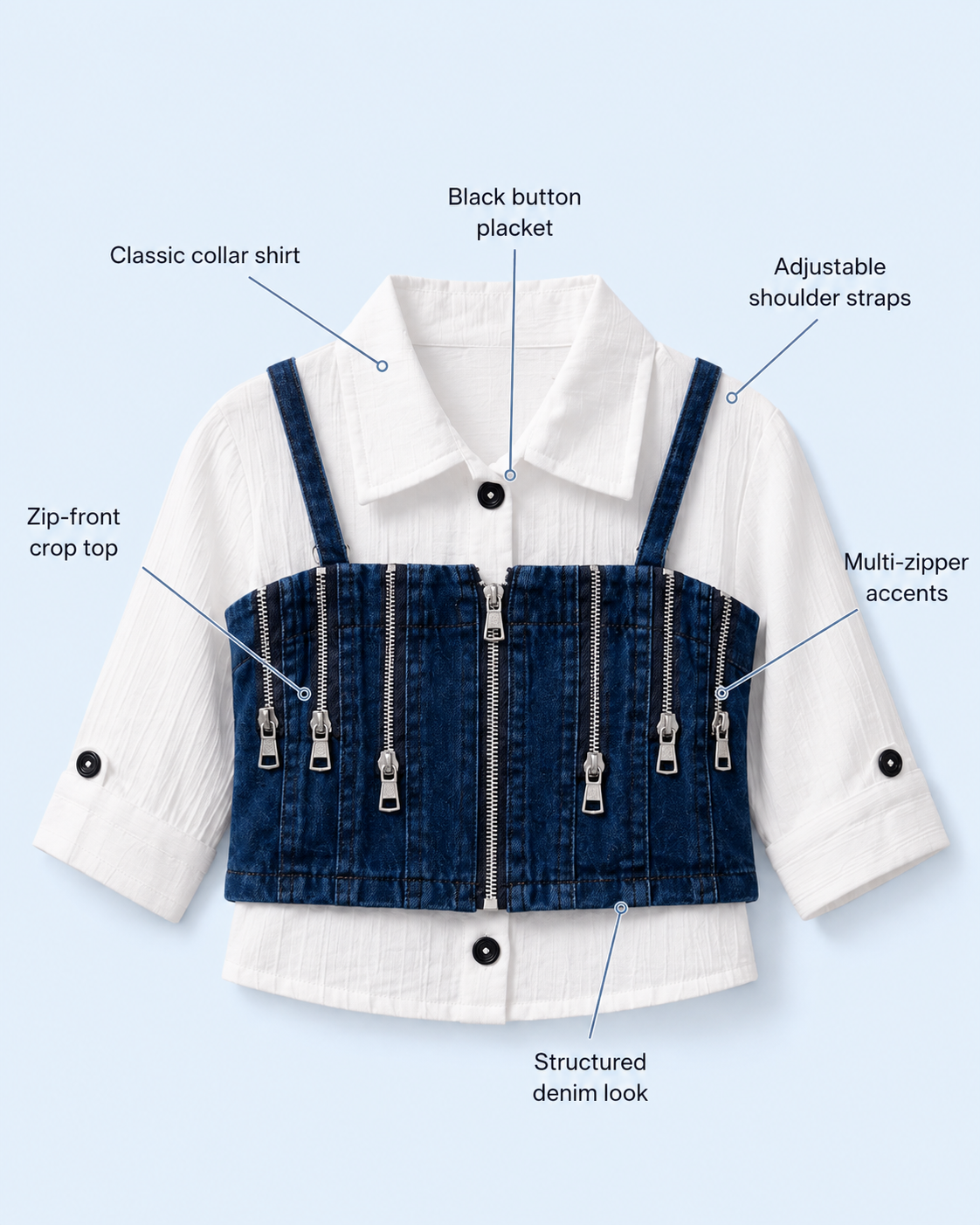 Girls Indigo Denim Zip Crop Top, Shirt & Wide-Leg Cargo Jeans 3-Piece Set