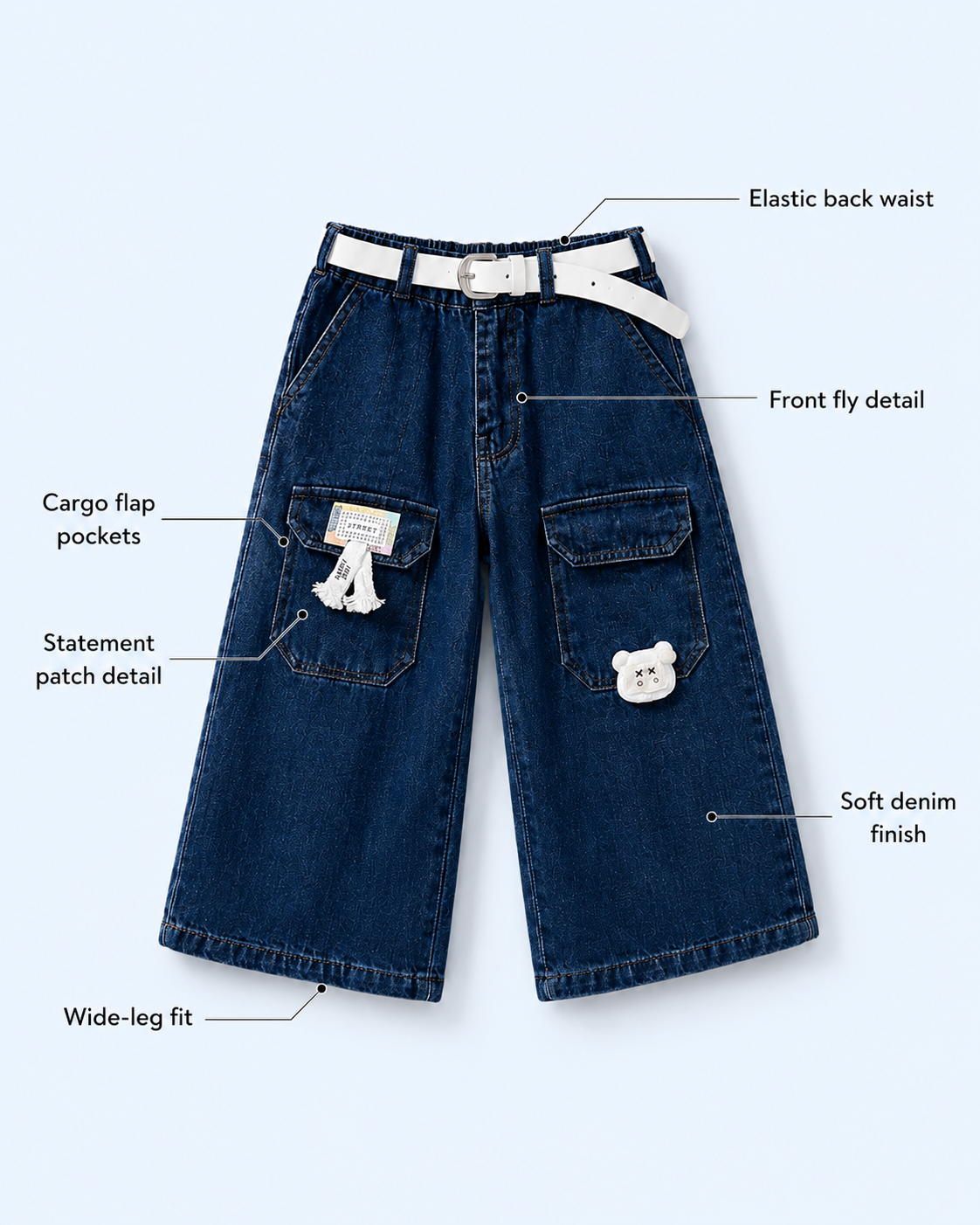 Girls Indigo Denim Zip Crop Top, Shirt & Wide-Leg Cargo Jeans 3-Piece Set