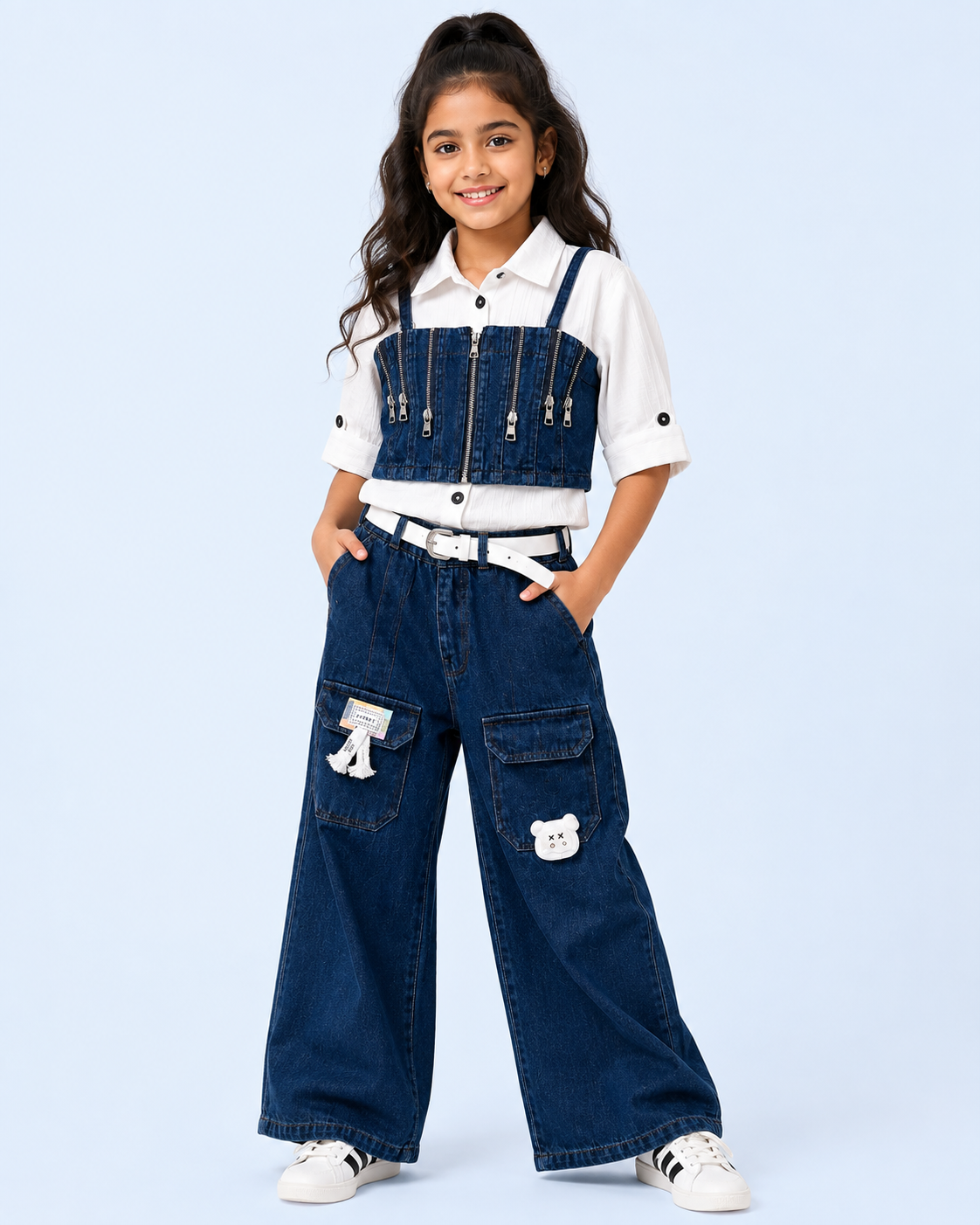 Girls Indigo Denim Zip Crop Top, Shirt & Wide-Leg Cargo Jeans 3-Piece Set