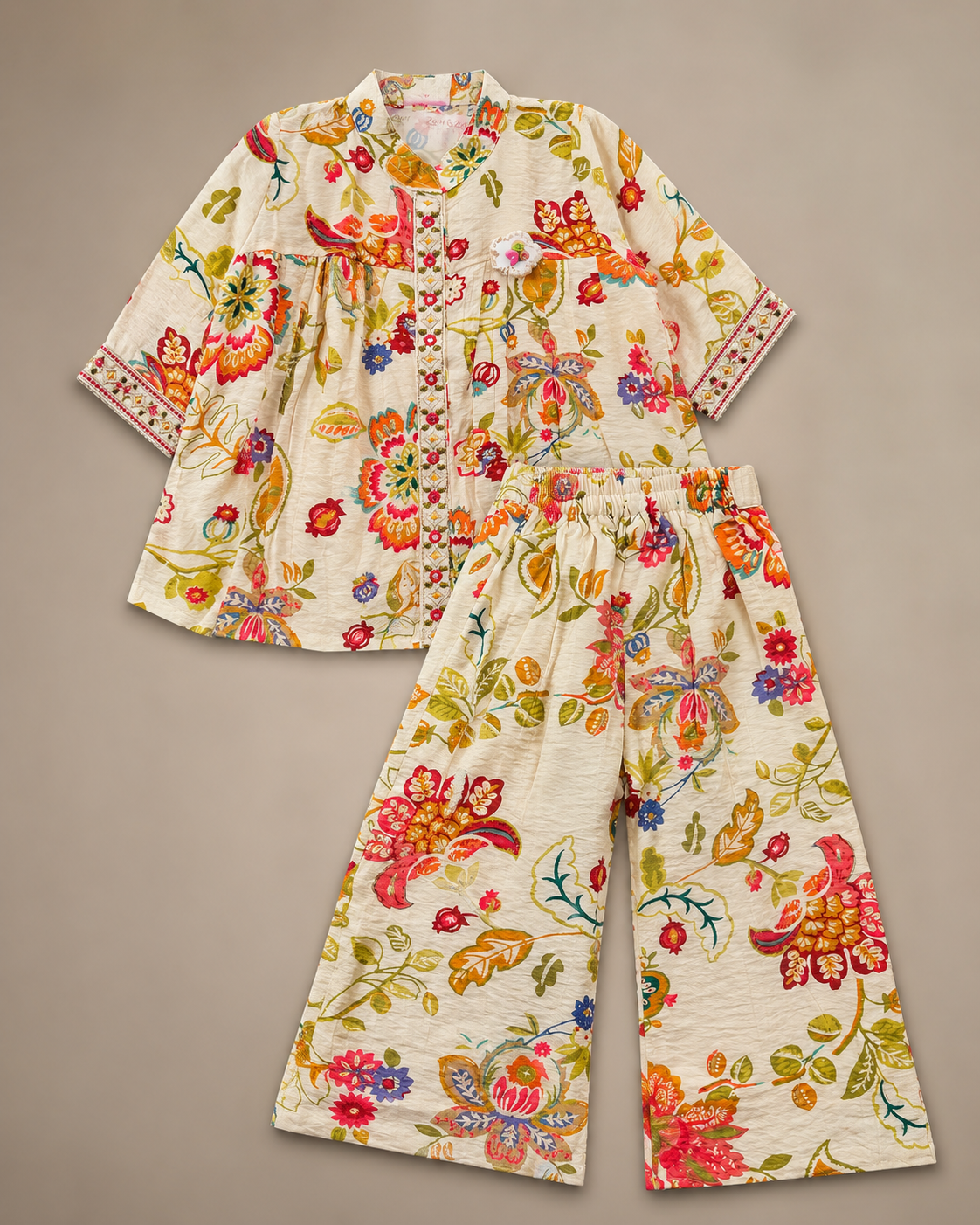 Ivory Floral Print Girls Kurti & Wide-Leg Palazzo Co-ord Set