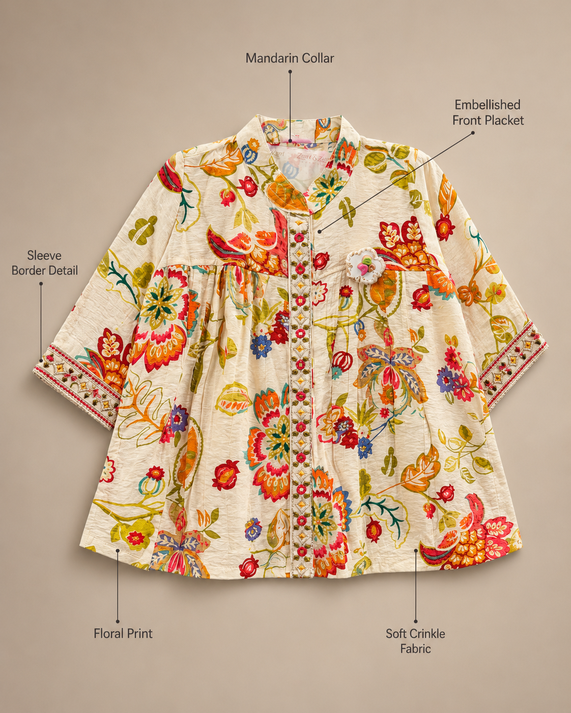 Ivory Floral Print Girls Kurti & Wide-Leg Palazzo Co-ord Set