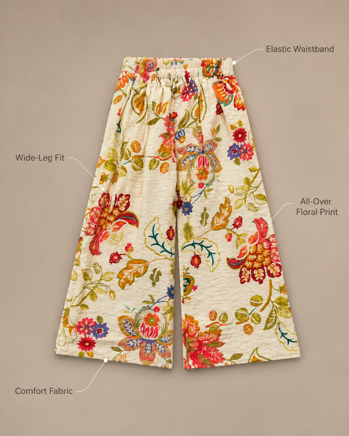 Ivory Floral Print Girls Kurti & Wide-Leg Palazzo Co-ord Set