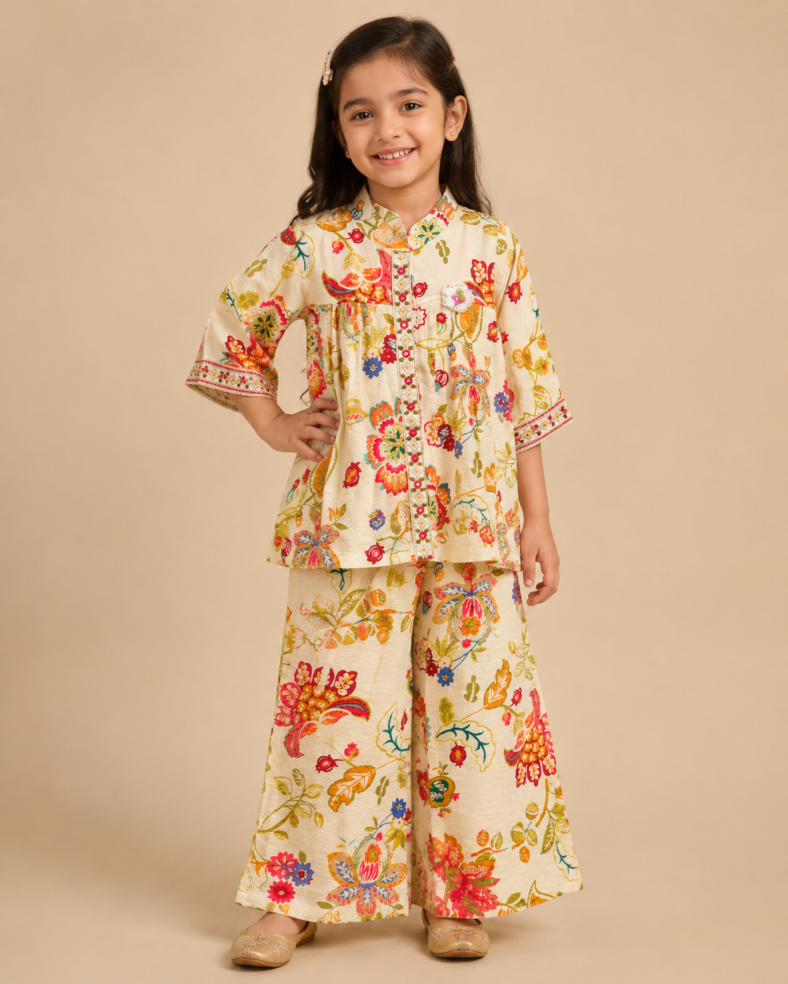 Ivory Floral Print Girls Kurti & Wide-Leg Palazzo Co-ord Set