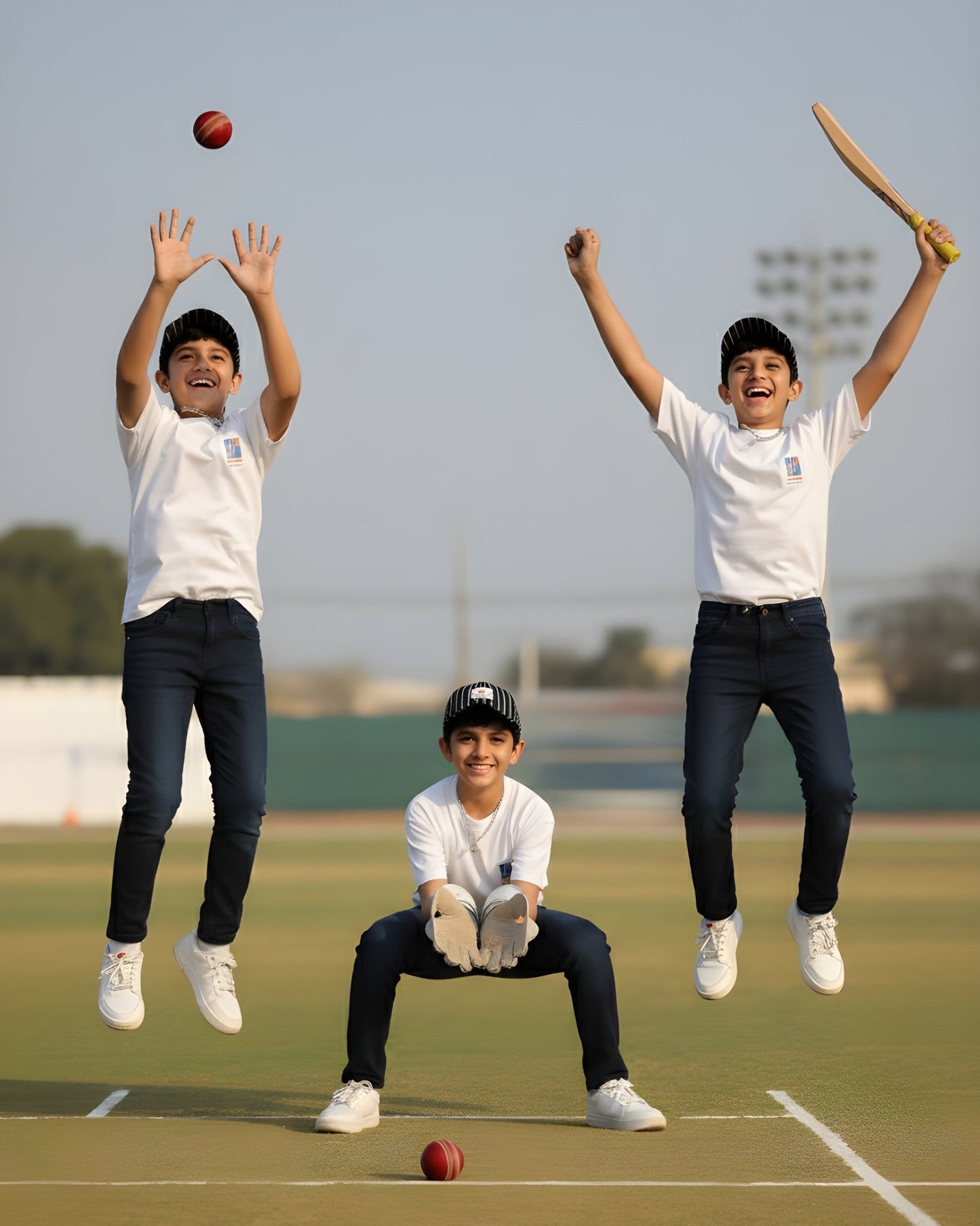 Three children playing cricket on a sports field with a clear sky.