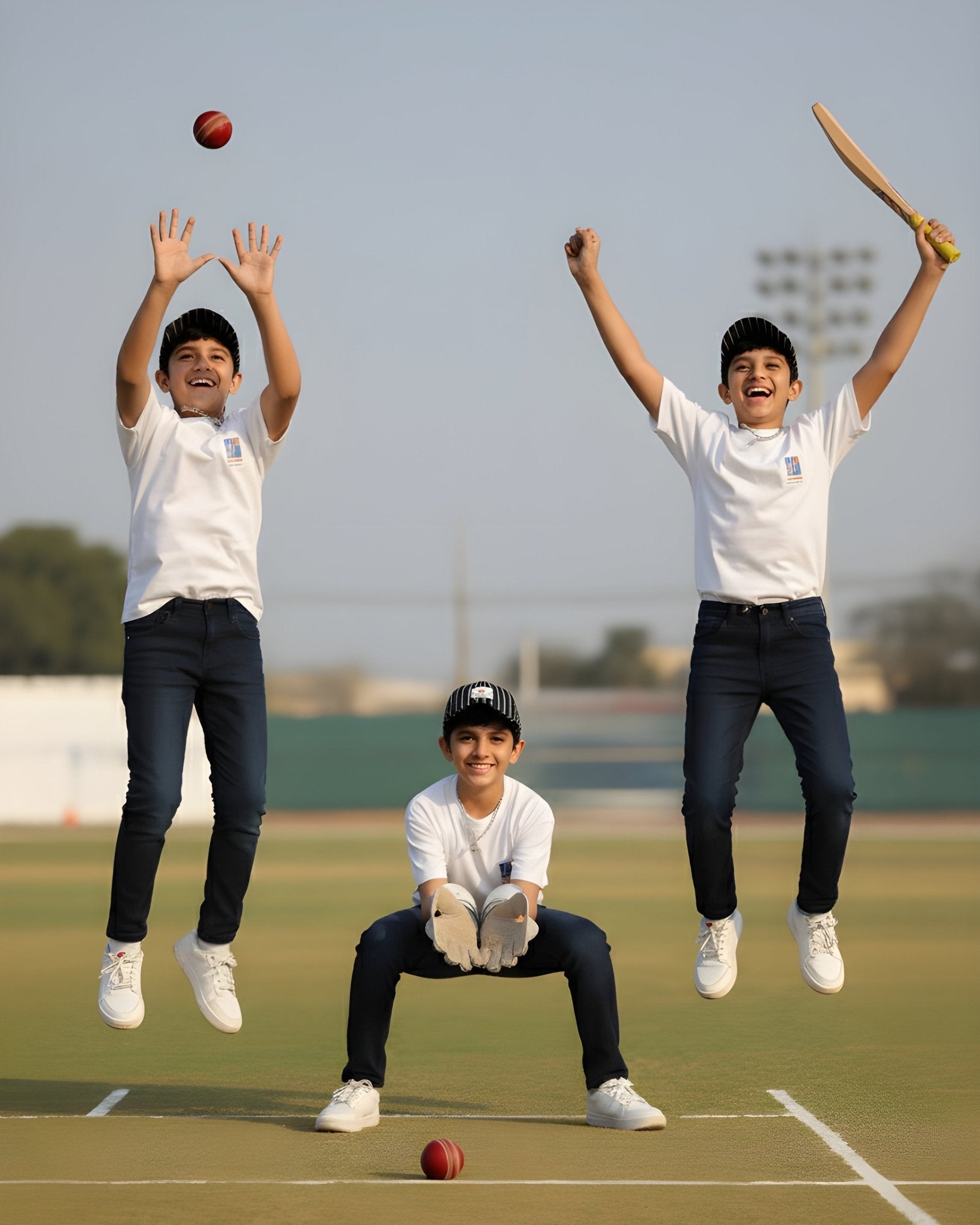 Three children playing cricket on a sports field with a clear sky.