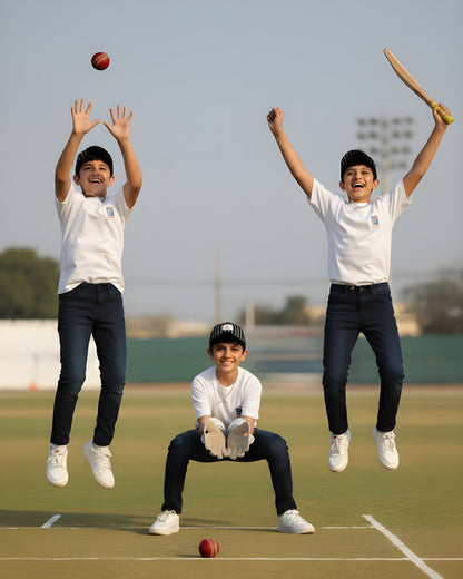 Three children playing cricket on a sports field with a clear sky.
