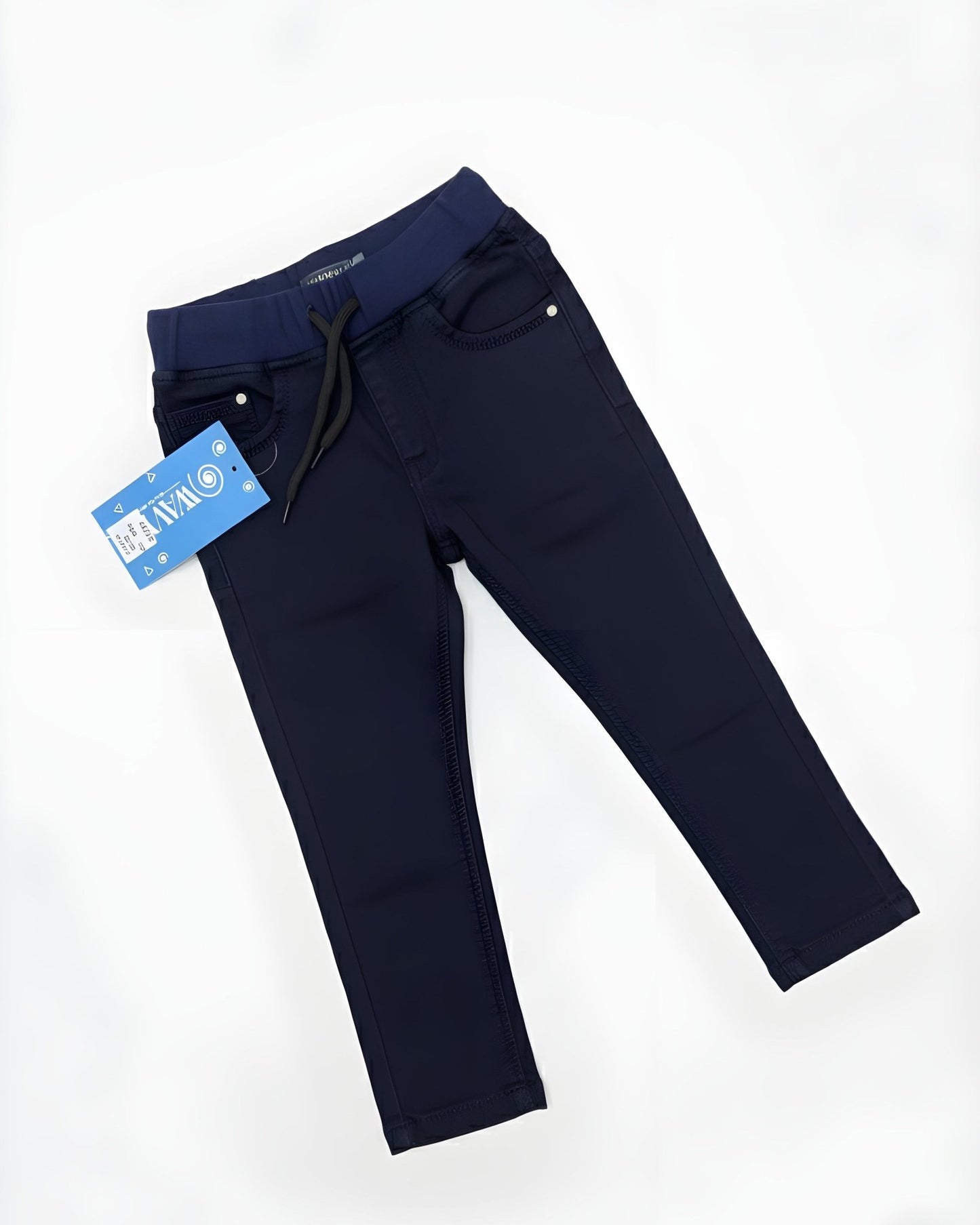 Navy blue pants with a tag on a white background
