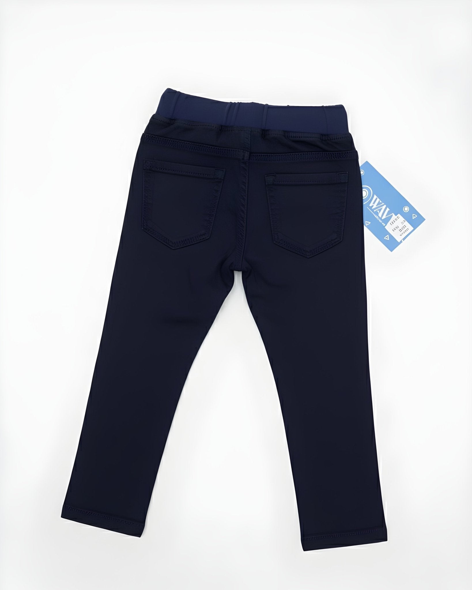 Navy blue pants with a tag on a white background