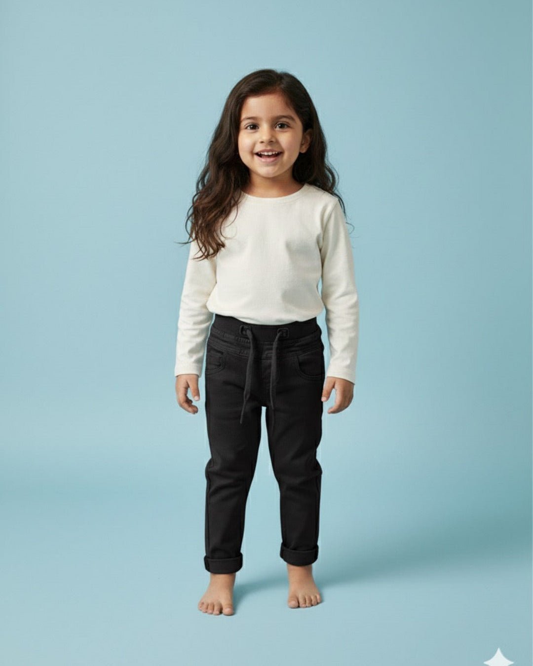 Young girl wearing a white long-sleeve shirt and black pants on a light blue background