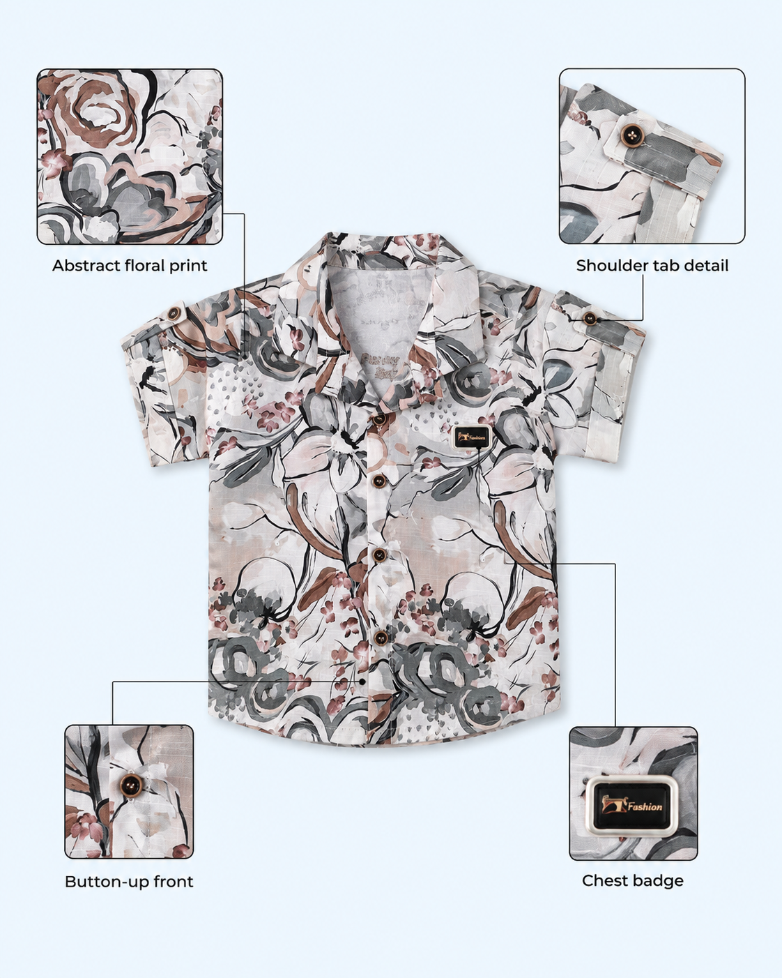 Urban Bloom Boys 2-Piece Cargo Set – Abstract Floral Shirt & Charcoal Shorts 7628