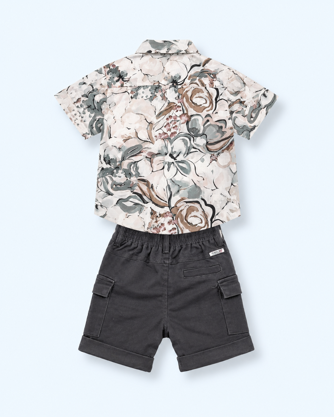 Urban Bloom Boys 2-Piece Cargo Set – Abstract Floral Shirt & Charcoal Shorts 7628