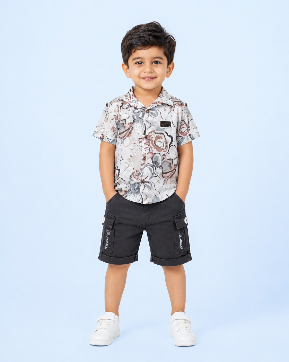 Urban Bloom Boys 2-Piece Cargo Set – Abstract Floral Shirt & Charcoal Shorts 7628