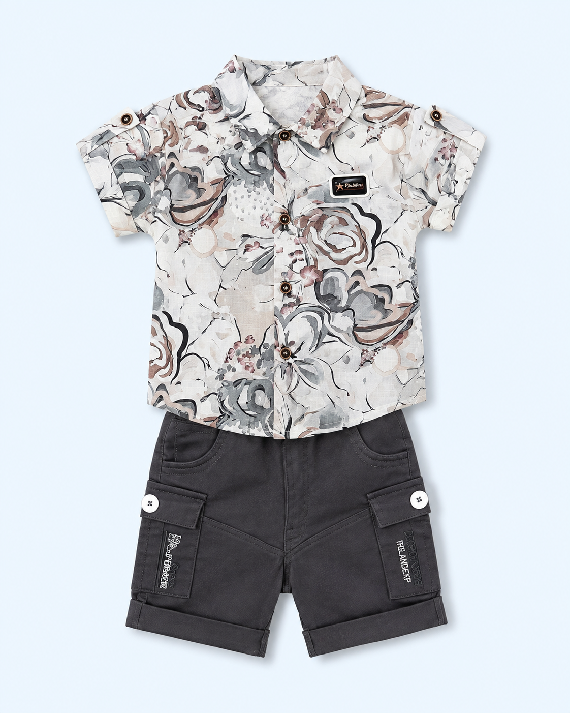 Urban Bloom Boys 2-Piece Cargo Set – Abstract Floral Shirt & Charcoal Shorts 7628